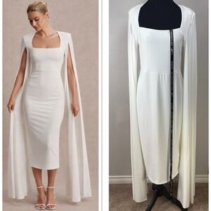 NWT Club L Flawless White Square Neck Midi Dress Cape Sleeves 12 Bridal Wedding
